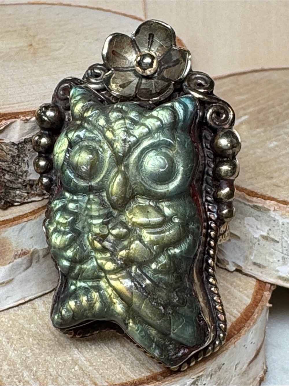 Tibetan Adjustable Labradorite Owl Ring • Hand‑Carved Owl, Flash Labradorite
